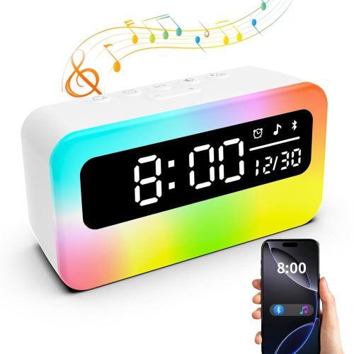 4 in 1 Rechargeable Loud Alarm Clock for Bedrooms with 16 Dynamic RGB Night Light, Digital Clock with Bluetooth Speaker, 11 Soothing Sound, 4000mAh Battery, LED Display for Bedside, Desk