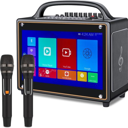 Karaoke Machines with Lyrics Display Screen for Adults,14" HD Toh  12 Tablet, Portable Bluetooth Speaker,2 Wireless Mic,,//,Build-in Battery for Home Party(Wooden)