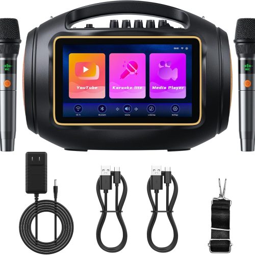 Smart Karaoke Machine with Lyrics Display, 10.1-Inch IPS Toh Screen, Two Wireless Microphones, Portable PA System with 400W Peak Power, Suitable for Home, Outdoor Party
