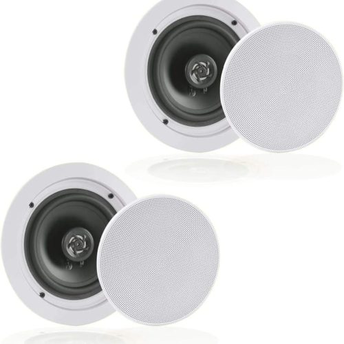 6.5” Pair Bluetooth Flush Mount In-wall In-ceiling 2-Way Speaker System Quick Connections Changeable Round/Square Grill Polyprone Cone & Polymer Tweeter Stereo Sound 150 Watt