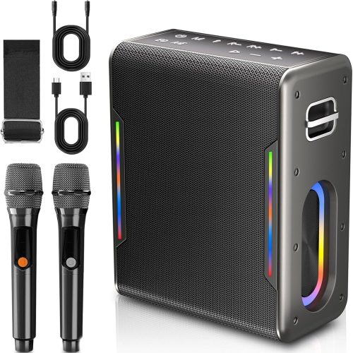 Karaoke Machine with Two Wireless Microphones, Powerful Portable Bluetooth Speaker for Adults & Kids, PA System with 2 Voice Mode,  Lights, Supports BT////TF for Party (Black)